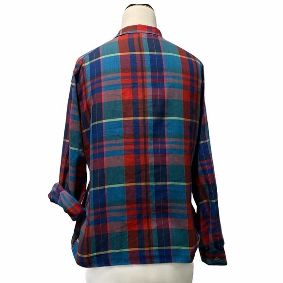 Vintage 80s Shirt Button Down Shirt Stop Plaid Chest Pockets Long Sleeve Blue 12 - Picture 13 of 13